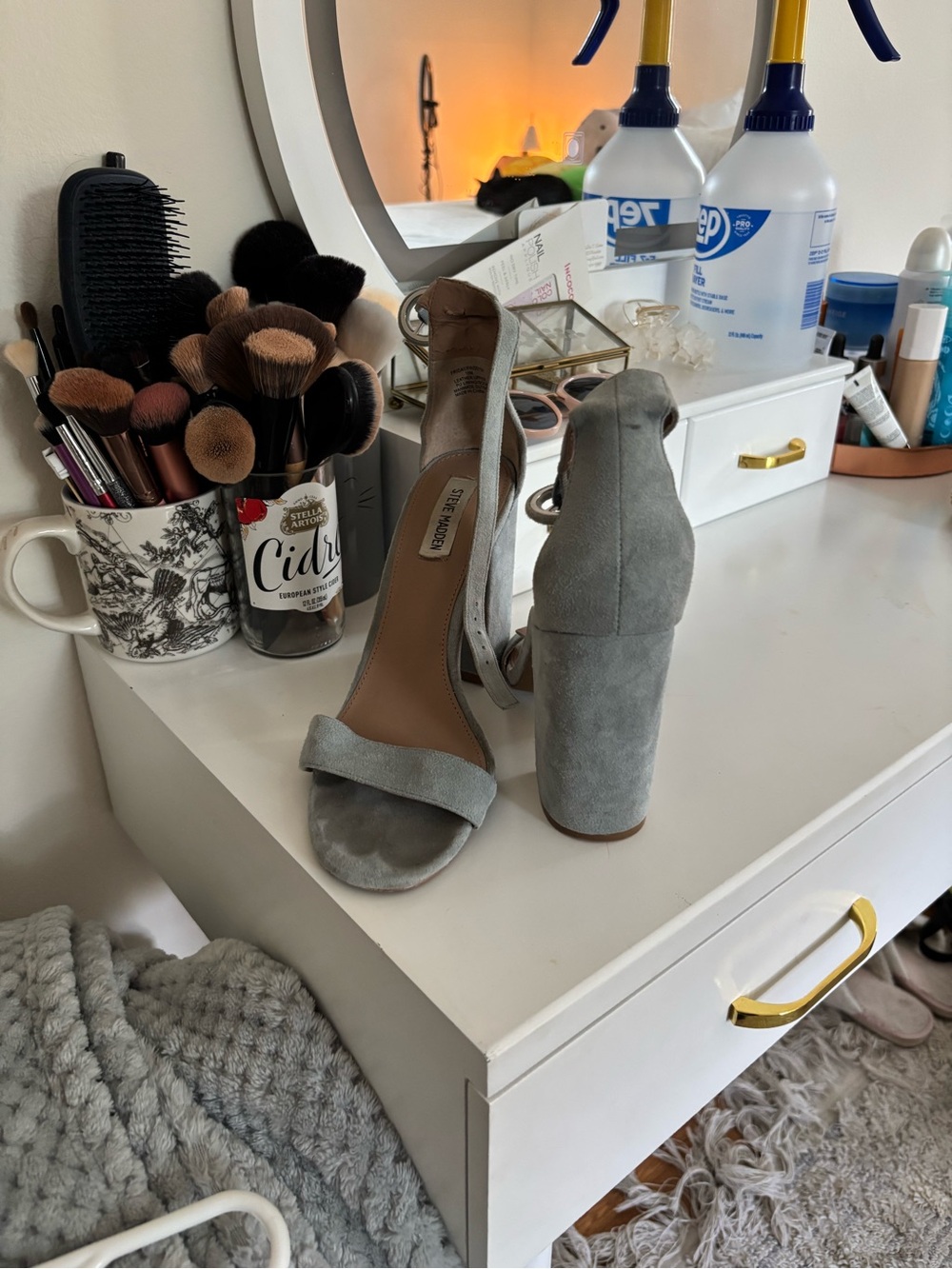 Steve Madden Light Gray Suede Ankle Strap Block Heels